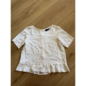 MYNE Ashley Ann White Silk Button Back Peplum Ruffle Blouse Top Size 2